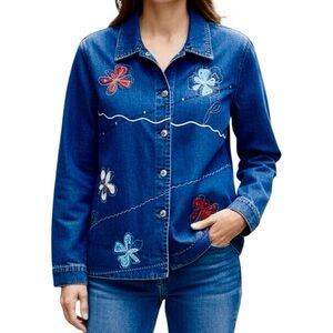Vintage Denim Floral Jacket Sz L Flower Embroidery Applique Button Down Pockets